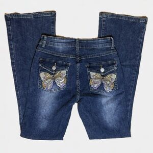 Vintage Blue Boot Cut Jeans with Butterfly Embroidery